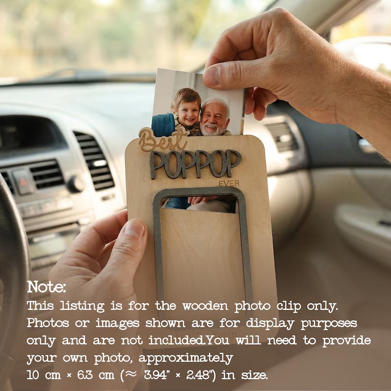 Personalized Dad Gift, Custom Photo Car Visor Clip and Photo Magnet, Wooden Keepsake Frame