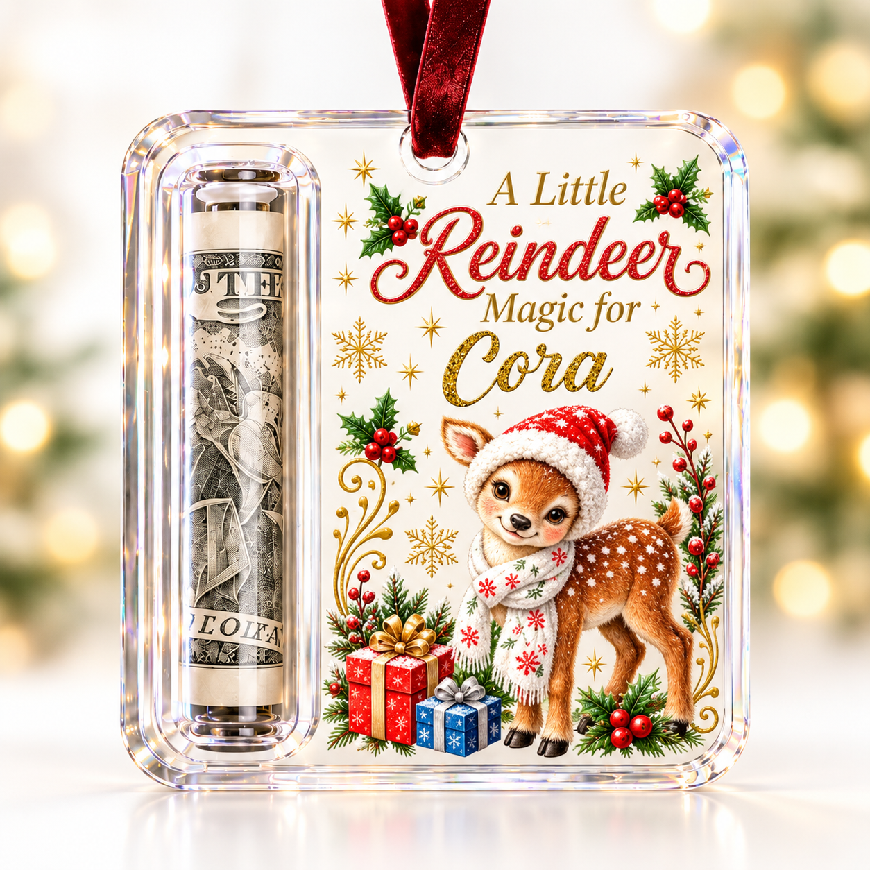 Custom Name Christmas Money Holder Acrylic Ornament, Personalized Xmas Tree Hanging Keepsake Holiday Gift for Family Kids