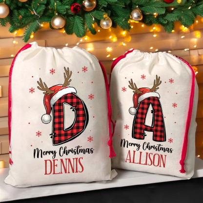 Personalized Plaid Monogram Christmas Santa Sack, Custom Name Gift Bag, Large Xmas Present Sack, Reusable Holiday Santa Bag