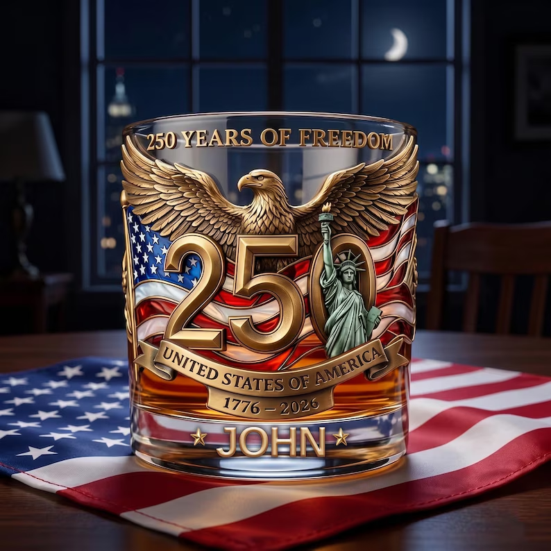 United States 250th Anniversary, Personalized Whiskey Glass, Gift For Men, Custom Name, Patriotic Cup Gift For Him,
