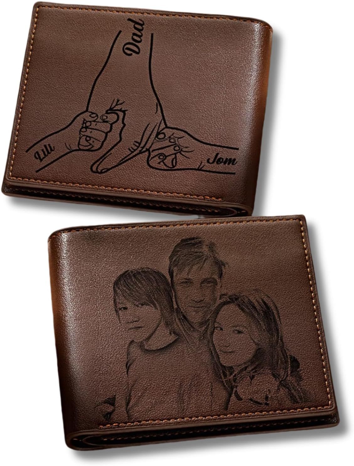 Custom Wallets for Men, Personalized Photo & Name Wallet for Men One Fist Bump Engraved Leather Wallet for Dad Husband Son BF Groomsmen Birthday Anniversary Christmas Father's Day Gifts