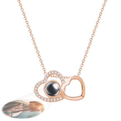 Custom Double Heart Photo Projection Necklace Personalized Picture Inside Pendant Memorial Jewelry
