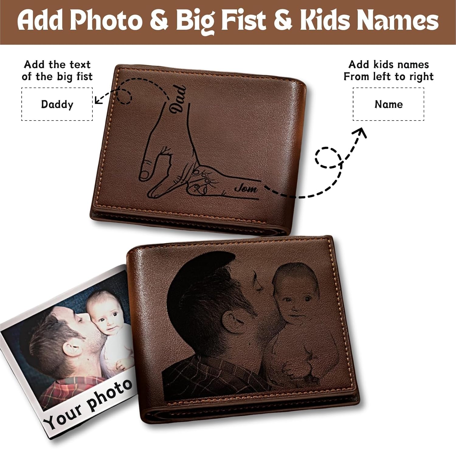 Custom Wallets for Men, Personalized Photo & Name Wallet for Men One Fist Bump Engraved Leather Wallet for Dad Husband Son BF Groomsmen Birthday Anniversary Christmas Father's Day Gifts
