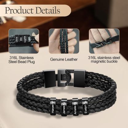 Personalized Mens Leather Bracelet with Custom Beads | Custom Father's Day Gifts for Dad from Daughter and Son | Customized Braid Leather Bracelet Engraved with 1-8 Names for Men