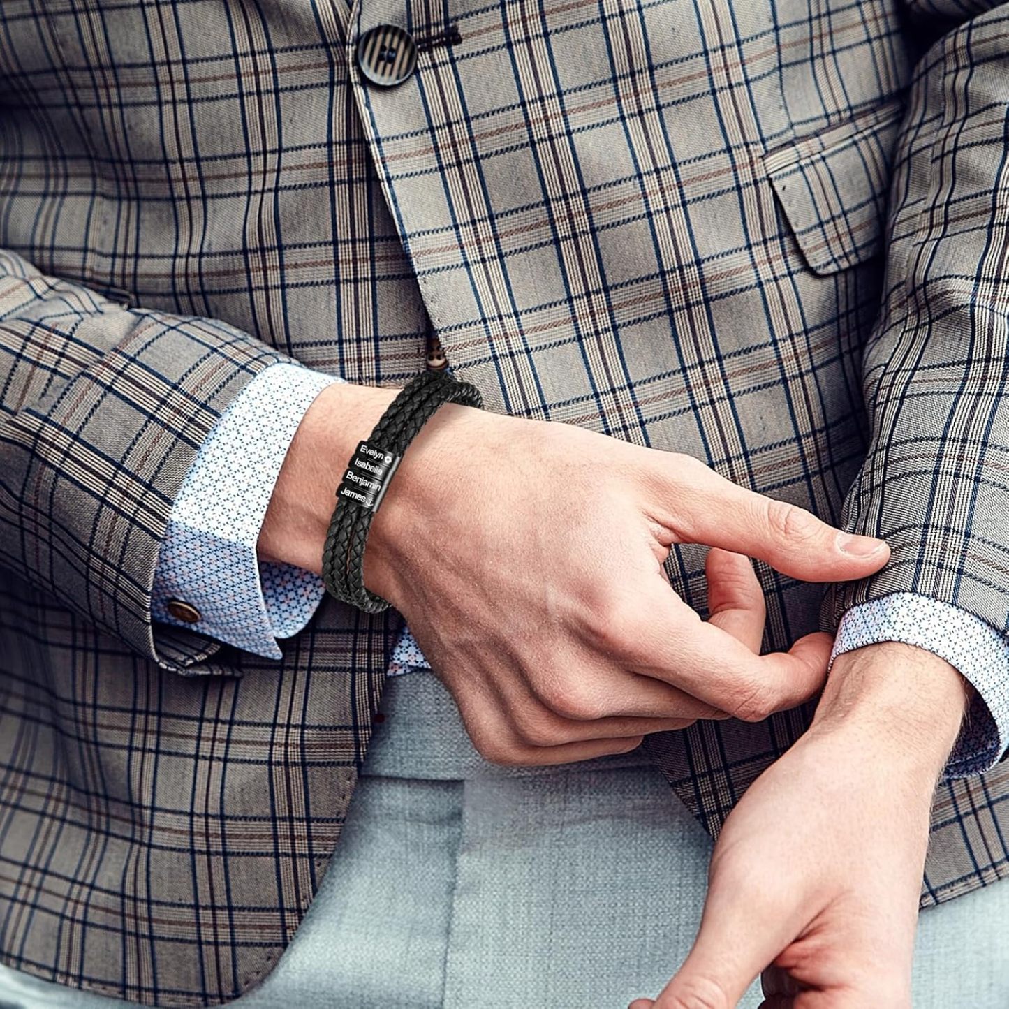 Personalized Mens Leather Bracelet with Custom Beads | Custom Father's Day Gifts for Dad from Daughter and Son | Customized Braid Leather Bracelet Engraved with 1-8 Names for Men