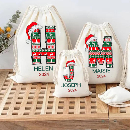 Personalized Christmas Santa Sack, Custom Initial & Name Gift Bag, Holiday Cotton Present Sack for Kids & Adults
