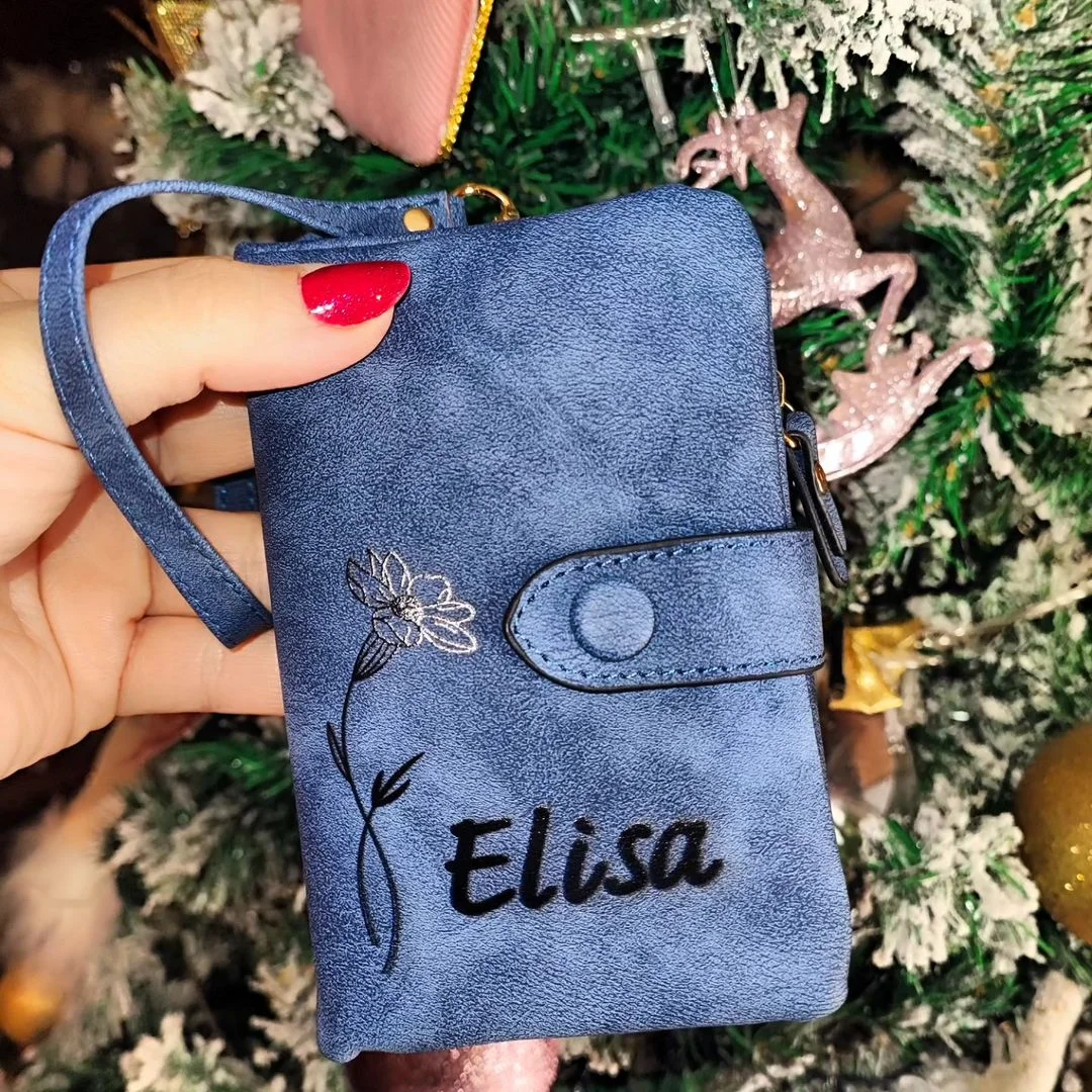 Personalized Tri-Fold Birth Flower Leather Wallet Card Holder Birthday Gift for Woman, Cash/Card Holder Daughter/Mom/Girlfriend Gift