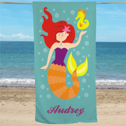 Personalized Red Hair Mermaid Beach Towel, , Custom Beach Towel For Kids