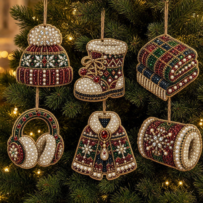 6pcs Winter Wear Pendant - Acrylic Christmas Tree Ornaments DIY Decor Kit Pearl Art Diamond Painting Pendant - Acrylic Christmas Tree Ornaments DIY Decor Kit