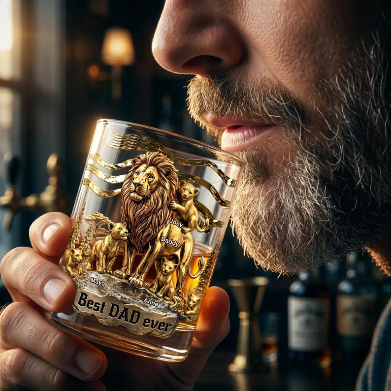 Personalized Lion Dad Whiskey Glass 2d Flat, Custom Family Name Bourbon Tumbler, Best Dad Ever Gift, Father’s Day Scotch Glass for Dad