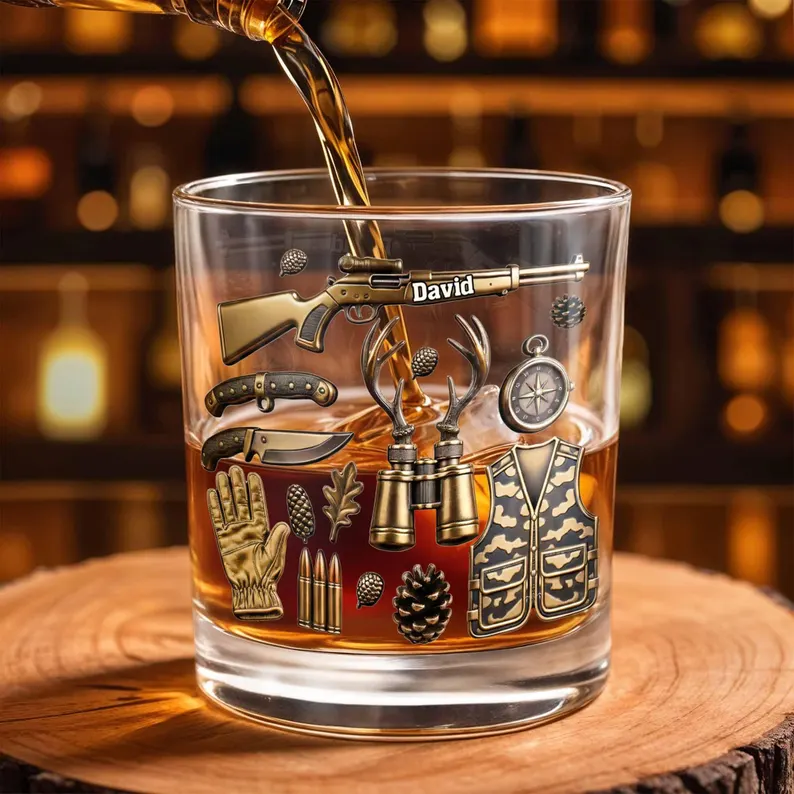 Custom Deer Hunter Whiskey Glass 2D Flat, Personalized Hunting Bourbon Tumbler, Outdoorsman Gift for Men Dad Grandpa with Name