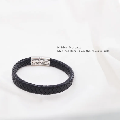 Personalised Mens Medical ID Bracelet, Engraved Leather Medical Alert, Emergency ID for Diabetes Allergy Epilepsy, Gift for Him