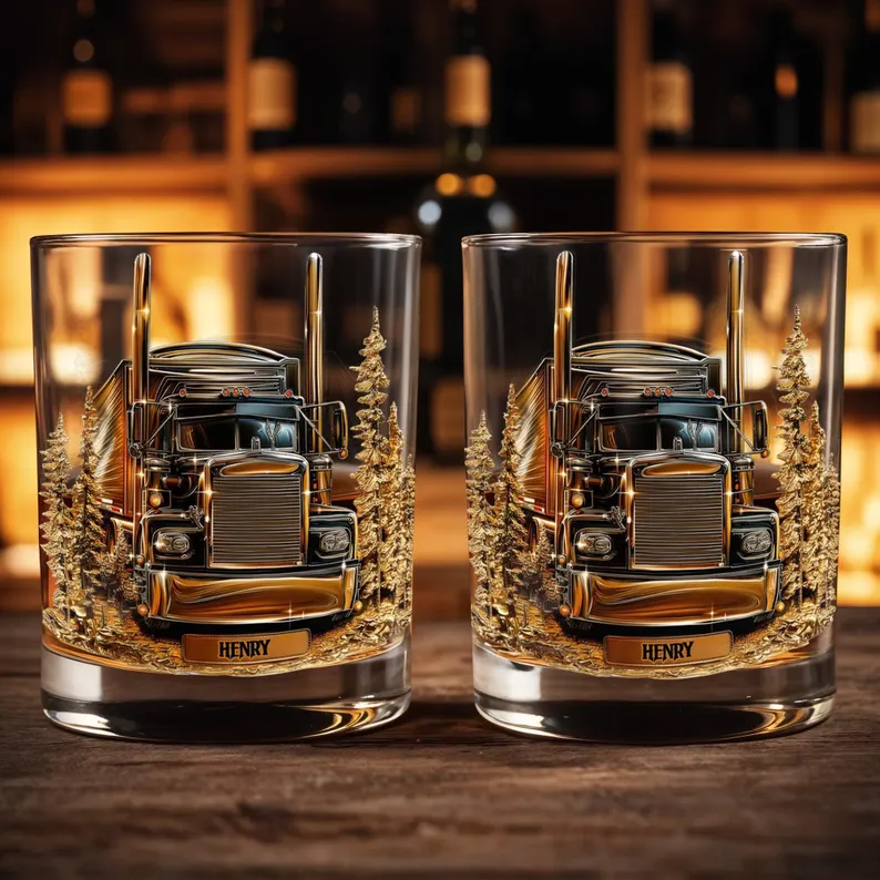 Personalized Trucker Whiskey Glass 2d Flat, Custom Semi Truck Bourbon Glass, Truck Driver Gift for Men, Long Haul Driver Rocks Glass