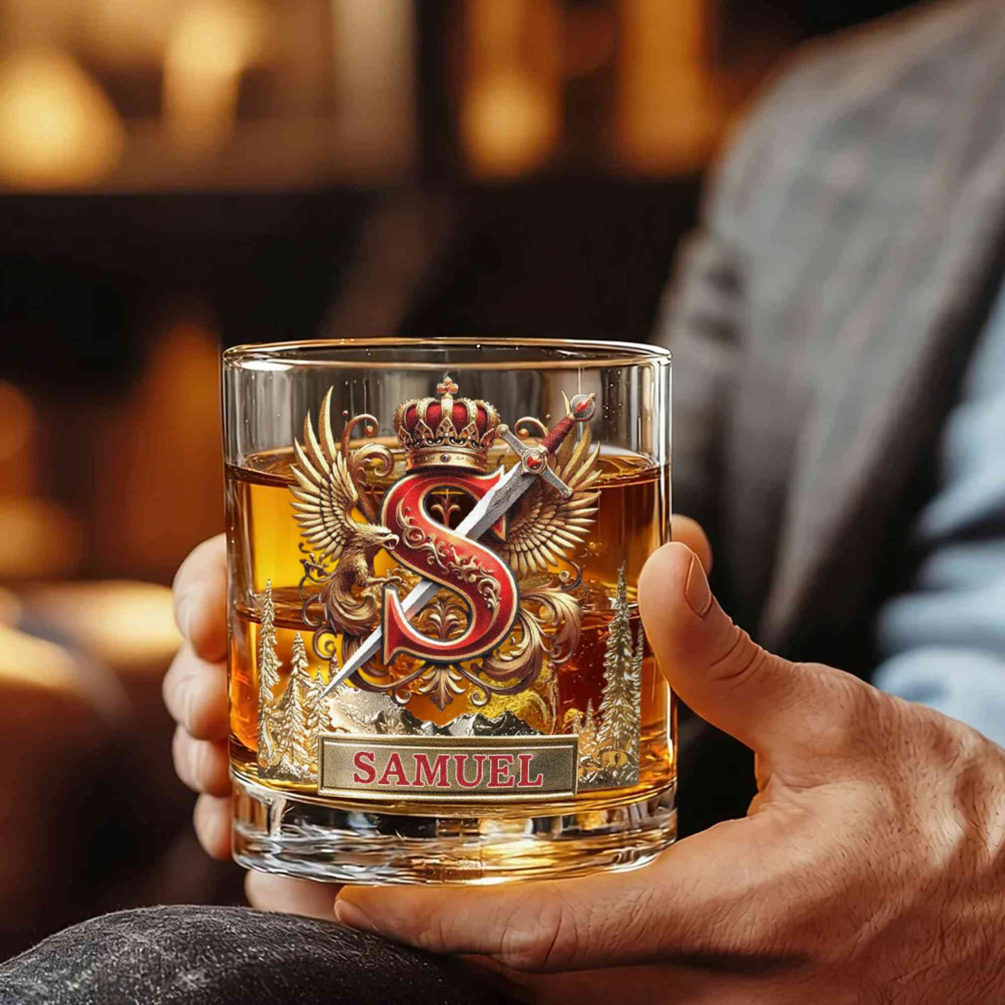 Custom Name Eagle & Sword Crown Alphabet Wine Glass, 10oz Bourbon Whiskey Old Fashioned Glass, Birthday/Father's Day/Wedding Gift for Him/Dad/Best Men