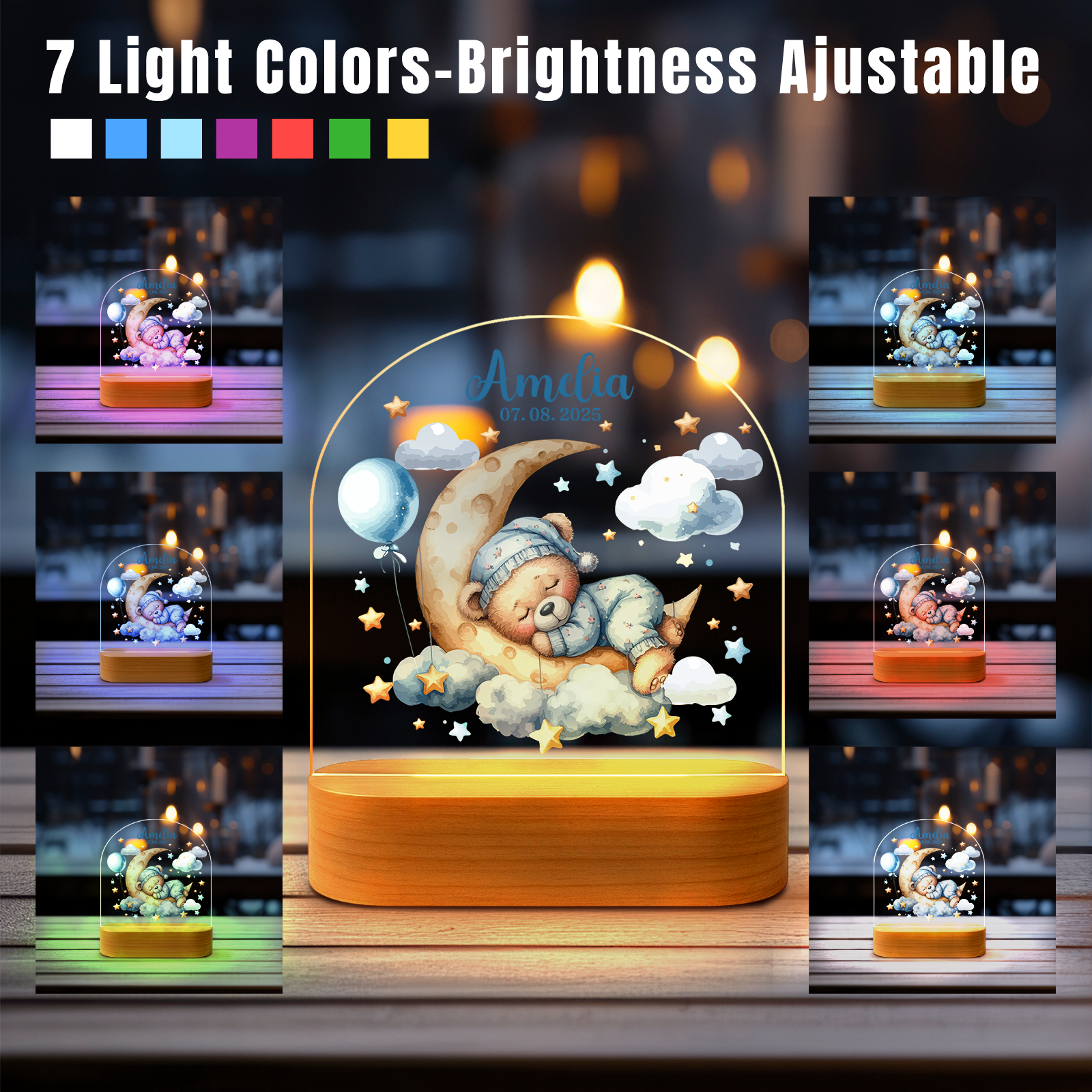 Custom Blue Bear Name Night Light – Boys Nursery Decor Lamp