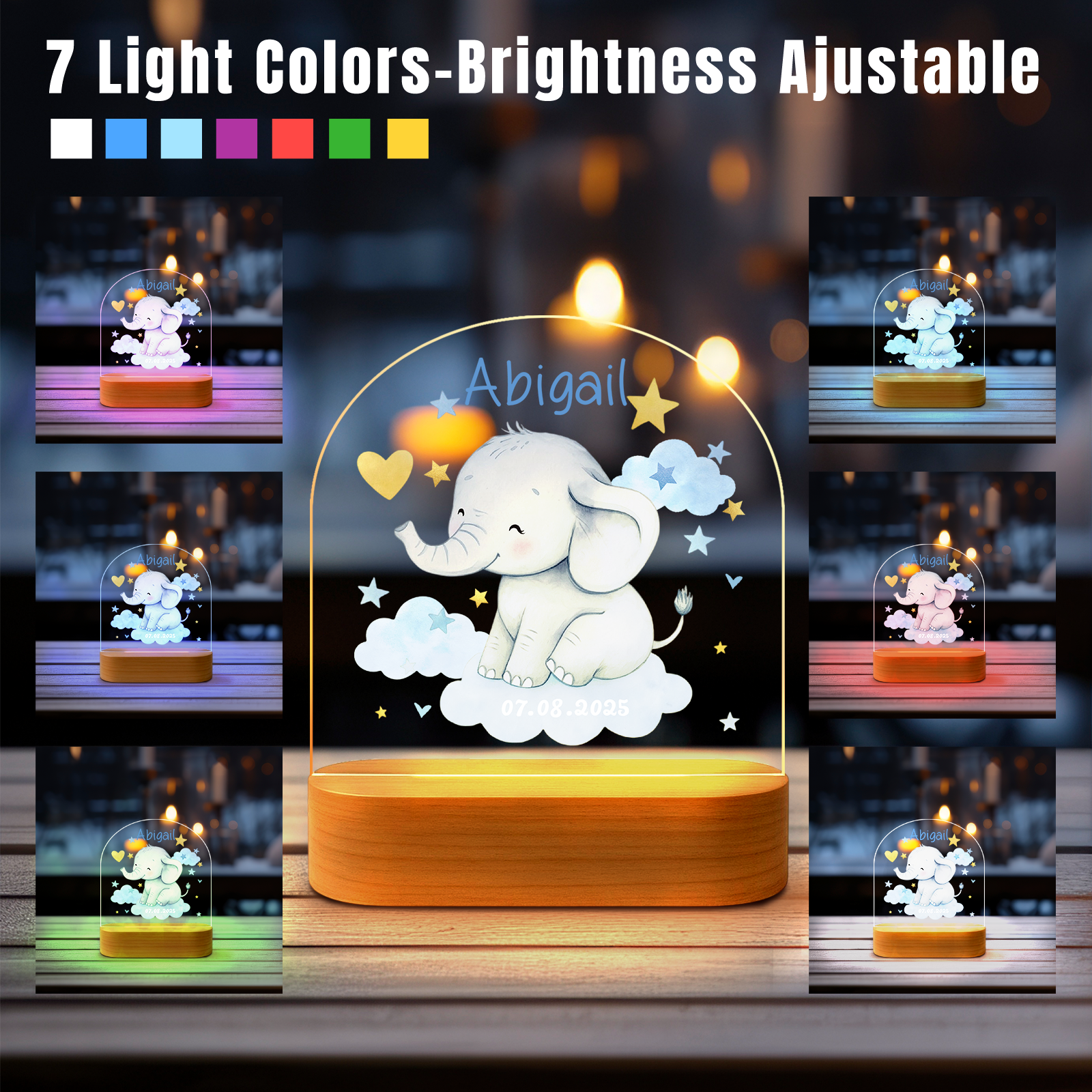 Custom Blue Elephant LED Night Light – Personalized Baby Room Gift