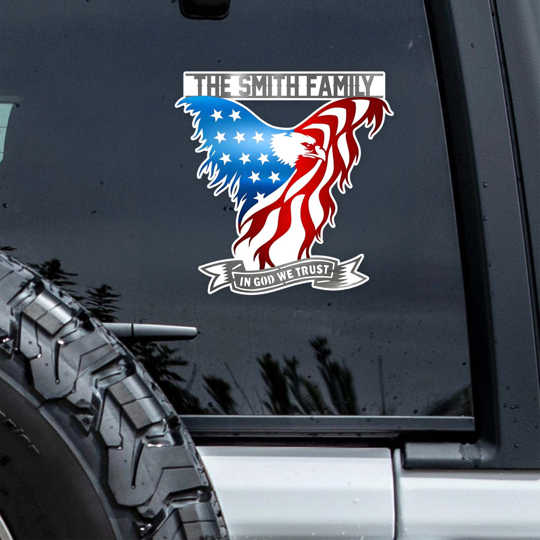 Custom Family Name American Eagle Flag In God We Trust Car Window Decal Sticker LM32 897903