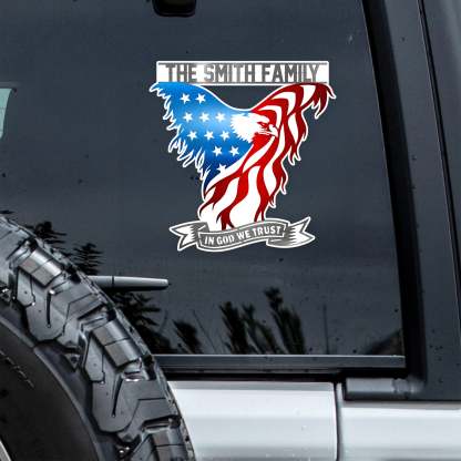 Custom Family Name American Eagle Flag In God We Trust Car Window Decal Sticker LM32 897903