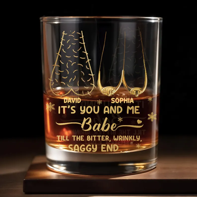Personalized Couple Whiskey Glass Set, Custom Husband Wife Bourbon Glass, Funny Anniversary Gift, Till The Bitter Wrinkly Saggy End