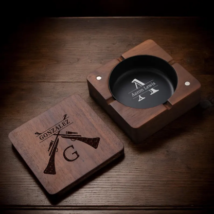 Personalized Wooden Ashtray with Lid – Custom Engraved Walnut Tray, Gift for Him, Grandpa Groomsmen Gift, Smoker Accessories