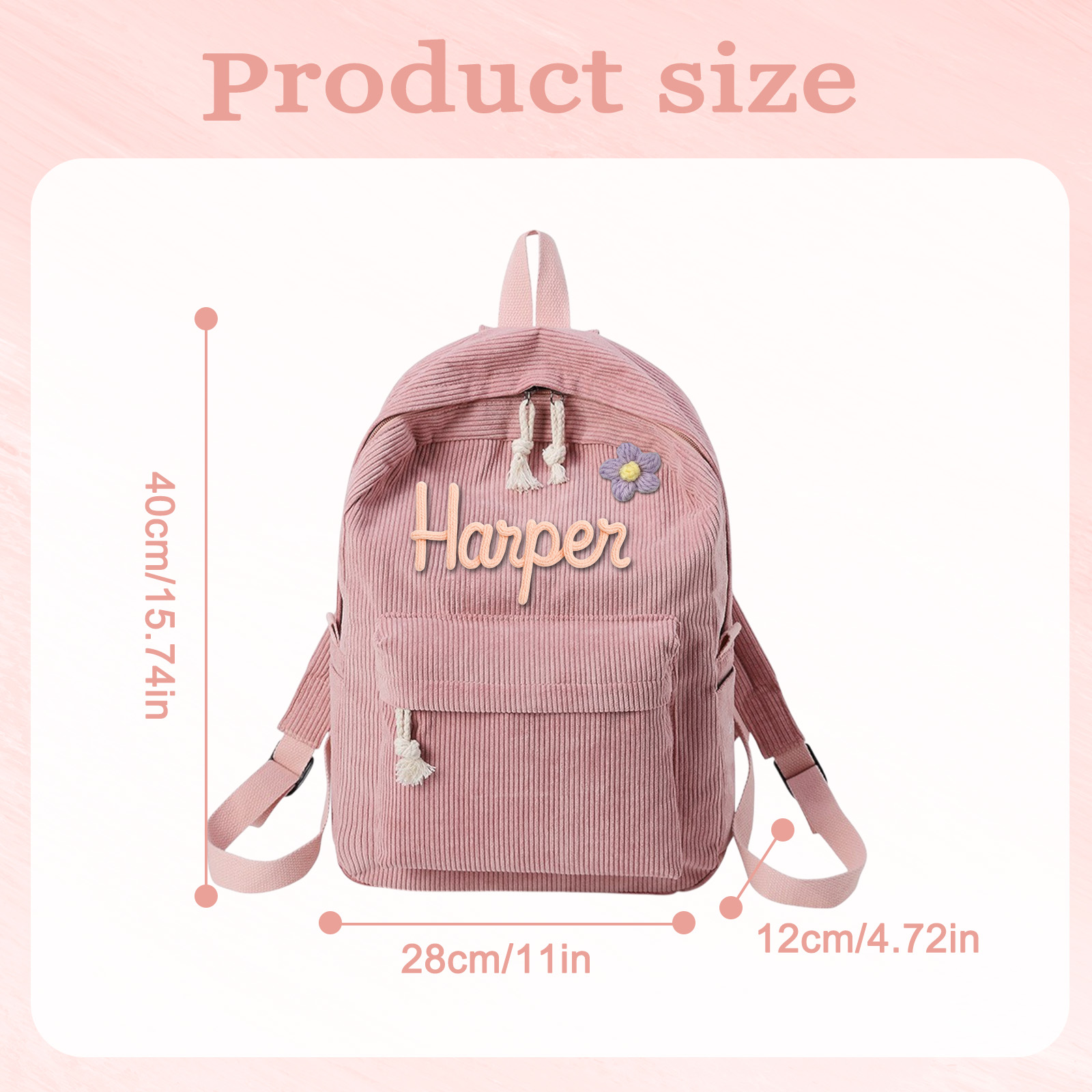 Personalized Backpack Braided Flower Rainbow Name Corduroy Backpack Birthday Gift Custom Toddler School Bag