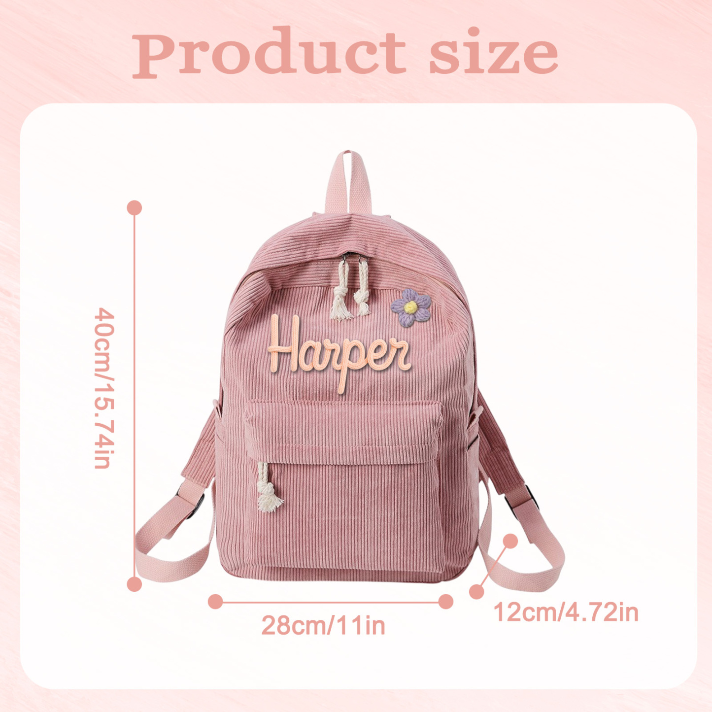 Personalized Backpack Braided Flower Rainbow Name Corduroy Backpack Birthday Gift Custom Toddler School Bag