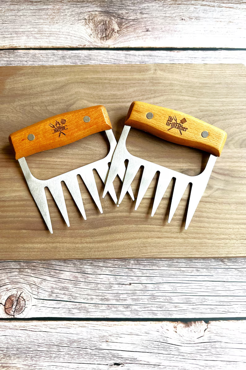 Personalized BBQ Meat Claw Shredders Wooden Barbeque Meat Claws Stainless Steel Tools BBQ Meat Lovers Gift Set of 2 Meat Claws Gift for Him