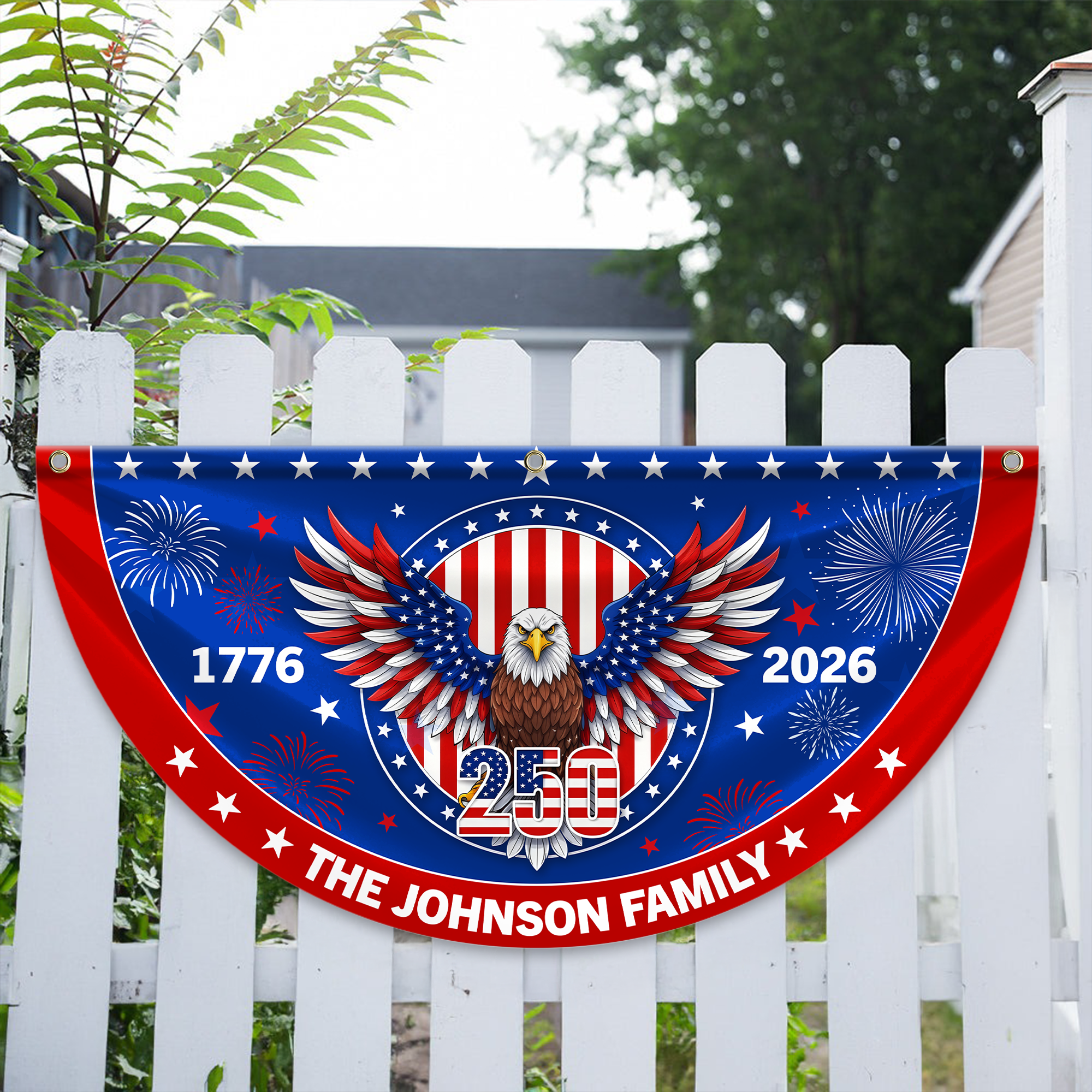 Personalized America 250th Anniversary Bunting Flag Personalized Family Name 1776-2026 250 Years Birthday America Non-Pleated Fan Flag