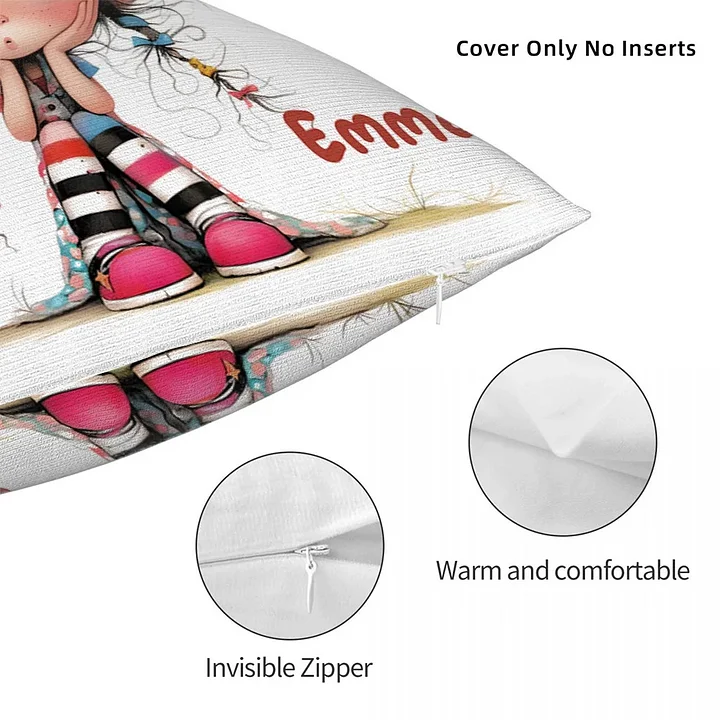 Personalized Cute Cartoon Quirky Girl Throw Pillow with Name Home Decor Birthday Gift for Girls