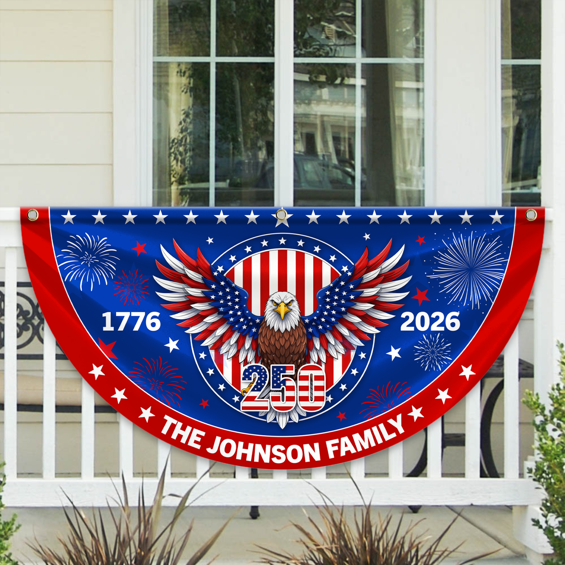 Personalized America 250th Anniversary Bunting Flag Personalized Family Name 1776-2026 250 Years Birthday America Non-Pleated Fan Flag