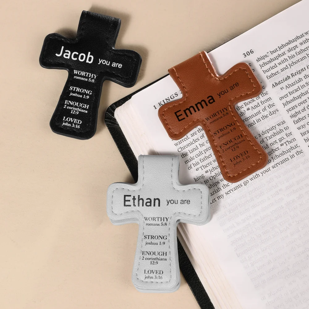Personalized Inspirational Bible Verses Cross PU Leather Magnetic Bookmark Clip First Communion Baptism Back to School Gift for Christians Bookworms