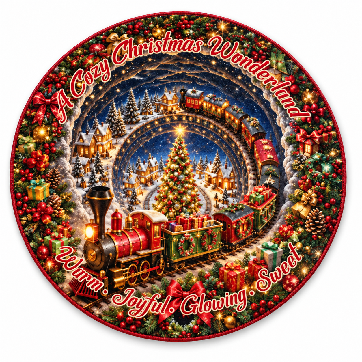 Christmas 3D Vortex Optical Illusion Round Rug Non-Slip Decorative Floor Mat, Winter Snow Forest Deer Snowman Vintage Red Truck Cabin Wreath Pattern, Indoor Holiday Home Decor Gift For Family, Christmas Enthusiasts