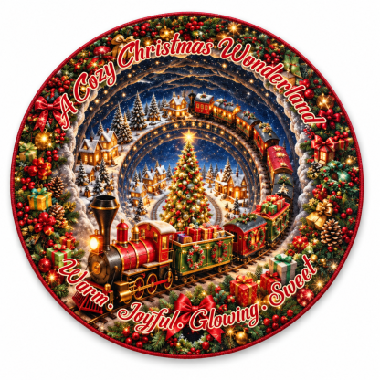 Christmas 3D Vortex Optical Illusion Round Rug Non-Slip Decorative Floor Mat, Winter Snow Forest Deer Snowman Vintage Red Truck Cabin Wreath Pattern, Indoor Holiday Home Decor Gift For Family, Christmas Enthusiasts