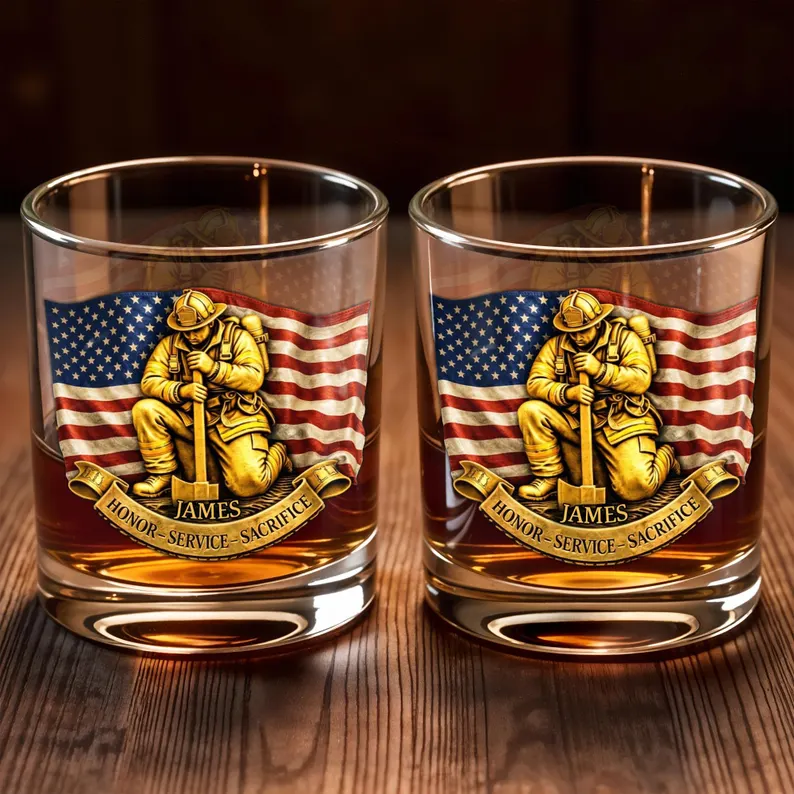 Personalized Firefighter Whiskey Glass 2D Flat, Custom Name Fireman Bourbon Tumbler, Firefighter Gift for Men, Retirement Gift