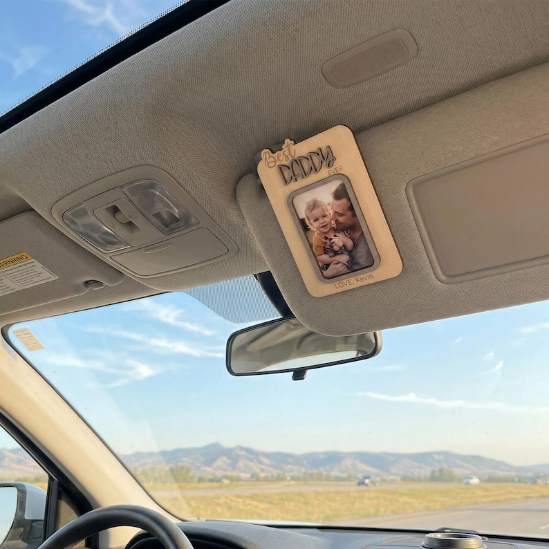 Personalized Dad Gift, Custom Photo Car Visor Clip and Photo Magnet, Wooden Keepsake Frame
