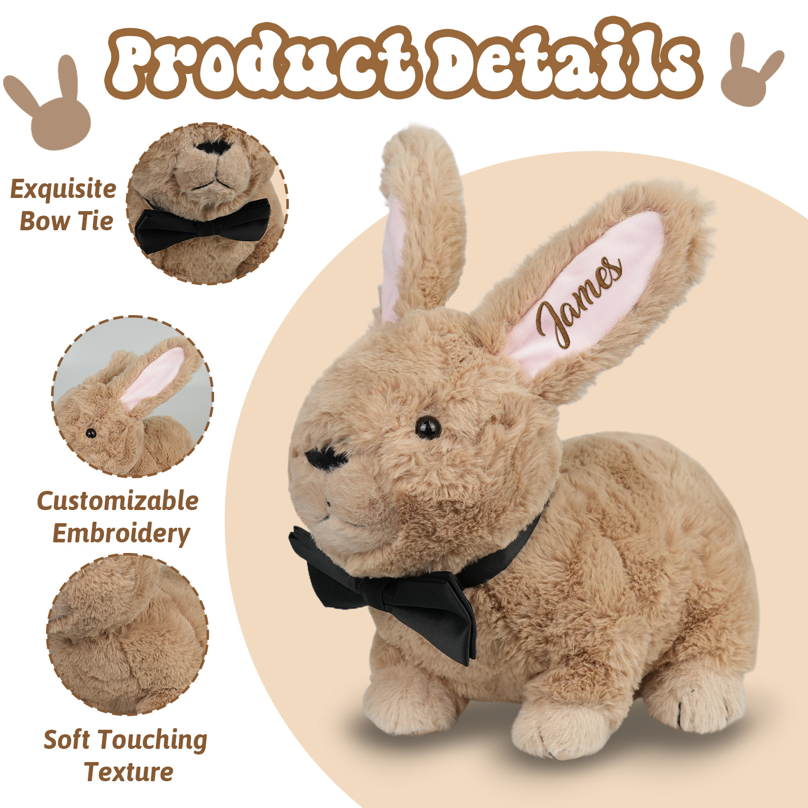 Custom Bunny Plush Embroidered Name, Realistic Bunny Stuffed Animal, Personalised Brown Rabbit for Baby Birthday Easter Gift for Girls Toddlers Kids