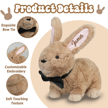Custom Bunny Plush Embroidered Name, Realistic Bunny Stuffed Animal, Personalised Brown Rabbit for Baby Birthday Easter Gift for Girls Toddlers Kids