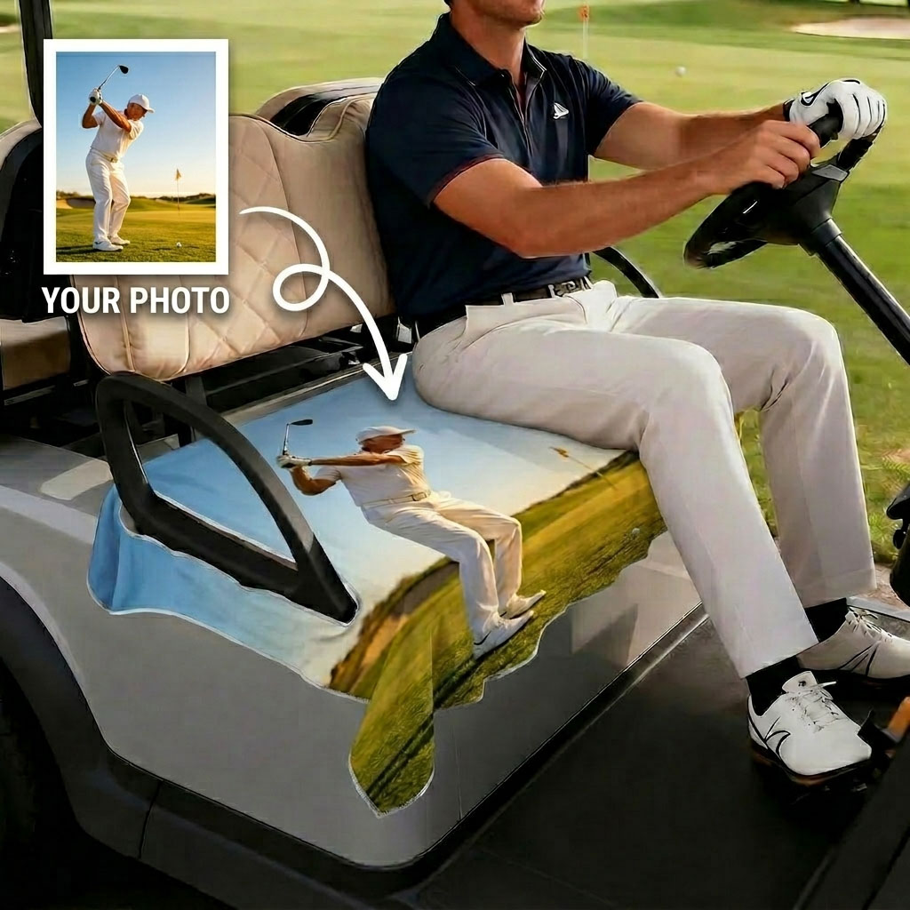 Personalized Photo Golf Seat Cover | Custom Plaid Breathable Cart Cover | Golf Accessory Birthday Gift for Men, Grandpa,Players, Coaches