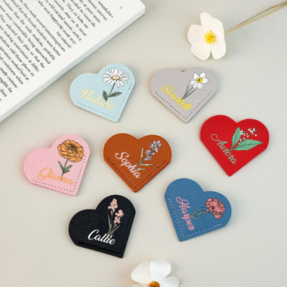 Personalized PU Leather Birth Flower Heart Bookmark with Name Birthday Anniversary Gift for Book Lovers Bookworms