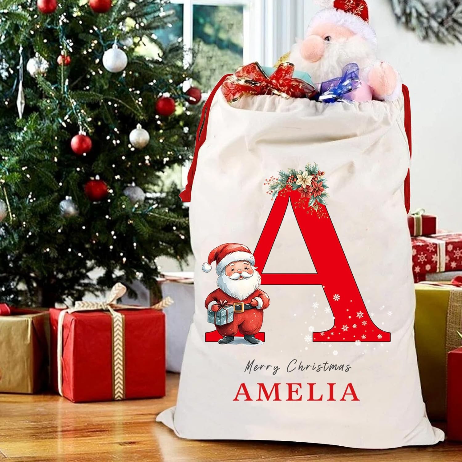 Personalized Christmas Santa Sack, Custom Xmas Canvas Drawstring Bags with Initial & Name for Kids, Christmas Gift Doll Bags for Holiday Presents Christmas Eve Box Large Sack Bag