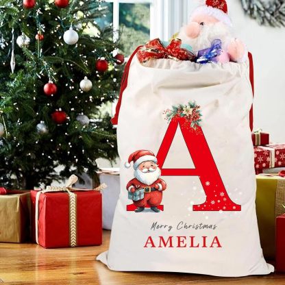 Personalized Christmas Santa Sack, Custom Xmas Canvas Drawstring Bags with Initial & Name for Kids, Christmas Gift Doll Bags for Holiday Presents Christmas Eve Box Large Sack Bag