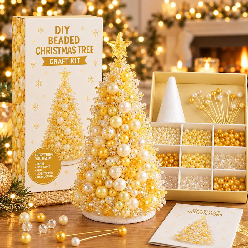 DIY Beaded Christmas Tree Craft Kit, Green Pearl Holiday Decor (Material Kit)