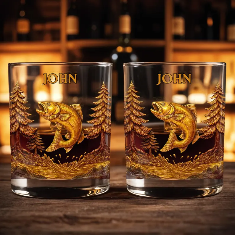 Custom Bass Fishing Whiskey Glass 2D Flat, Personalized Angler Bourbon Tumbler, Fisherman Gift for Men Dad Grandpa with Name
