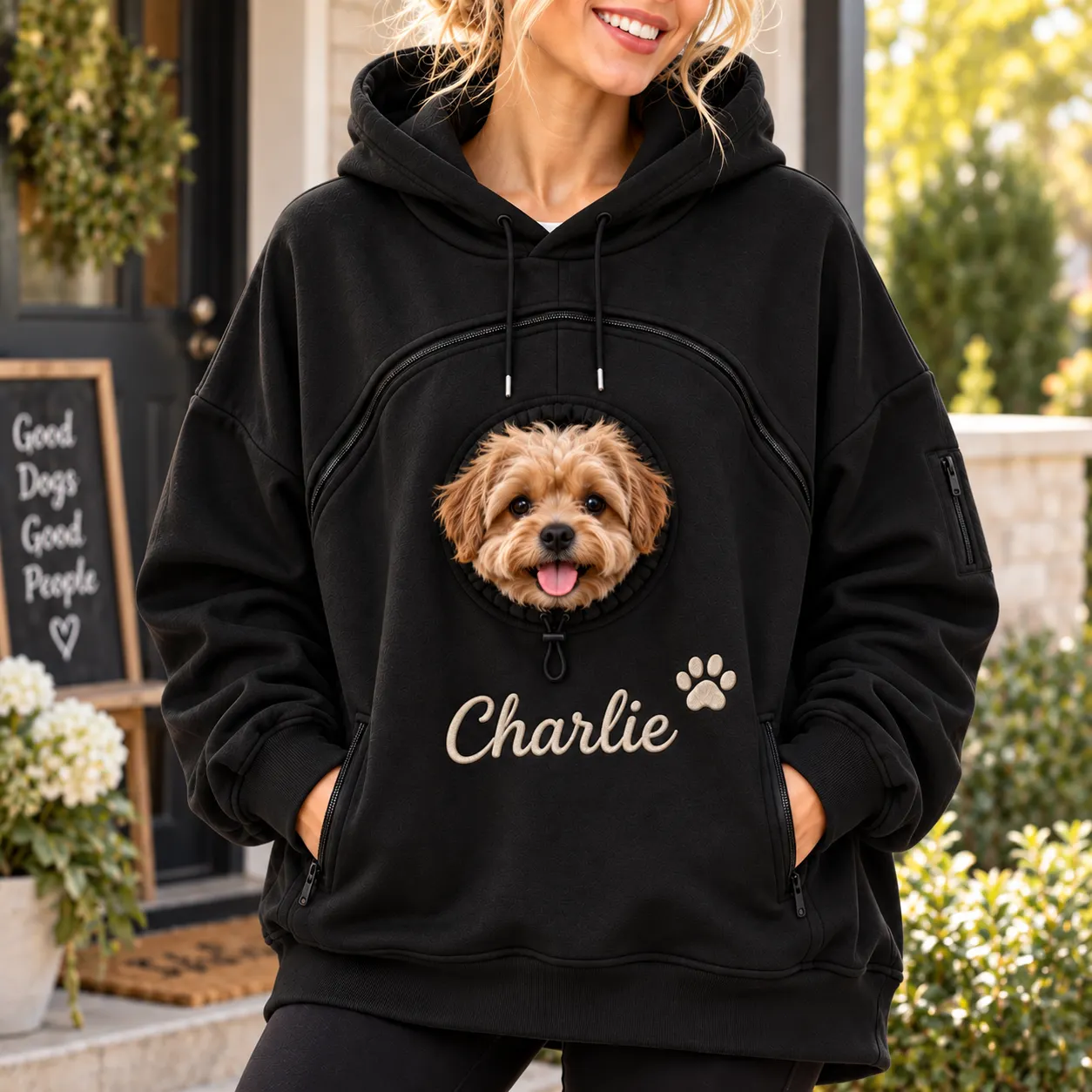 Pet Pouch Hoodie with Zippered, Customize Pet Name for Dog & Cat (Black)