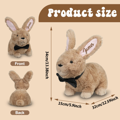 Custom Bunny Plush Embroidered Name, Realistic Bunny Stuffed Animal, Personalised Brown Rabbit for Baby Birthday Easter Gift for Girls Toddlers Kids