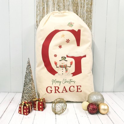 Personalized Christmas Santa Sack with Name & Initial, Custom Santa Gift Bag with Santa Claus Design, Holiday Present Sack