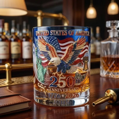 USA 250th Anniversary Personalized Whiskey Glass, Proud Anniversary Whiskey Glass, Custom Name, Whiskey Lovers, Gift For Patriots