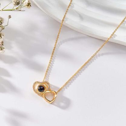 Custom Double Heart Photo Projection Necklace Personalized Picture Inside Pendant Memorial Jewelry