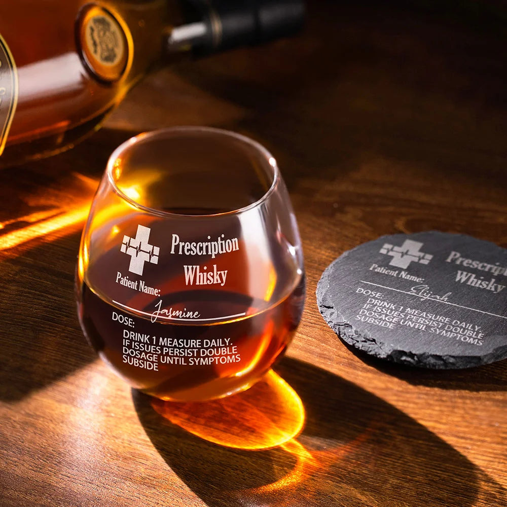 Personalized Funny Prescription Whisky Glasses and Slate Coaster with Laser Engraved Name Father's Day Gift for Him