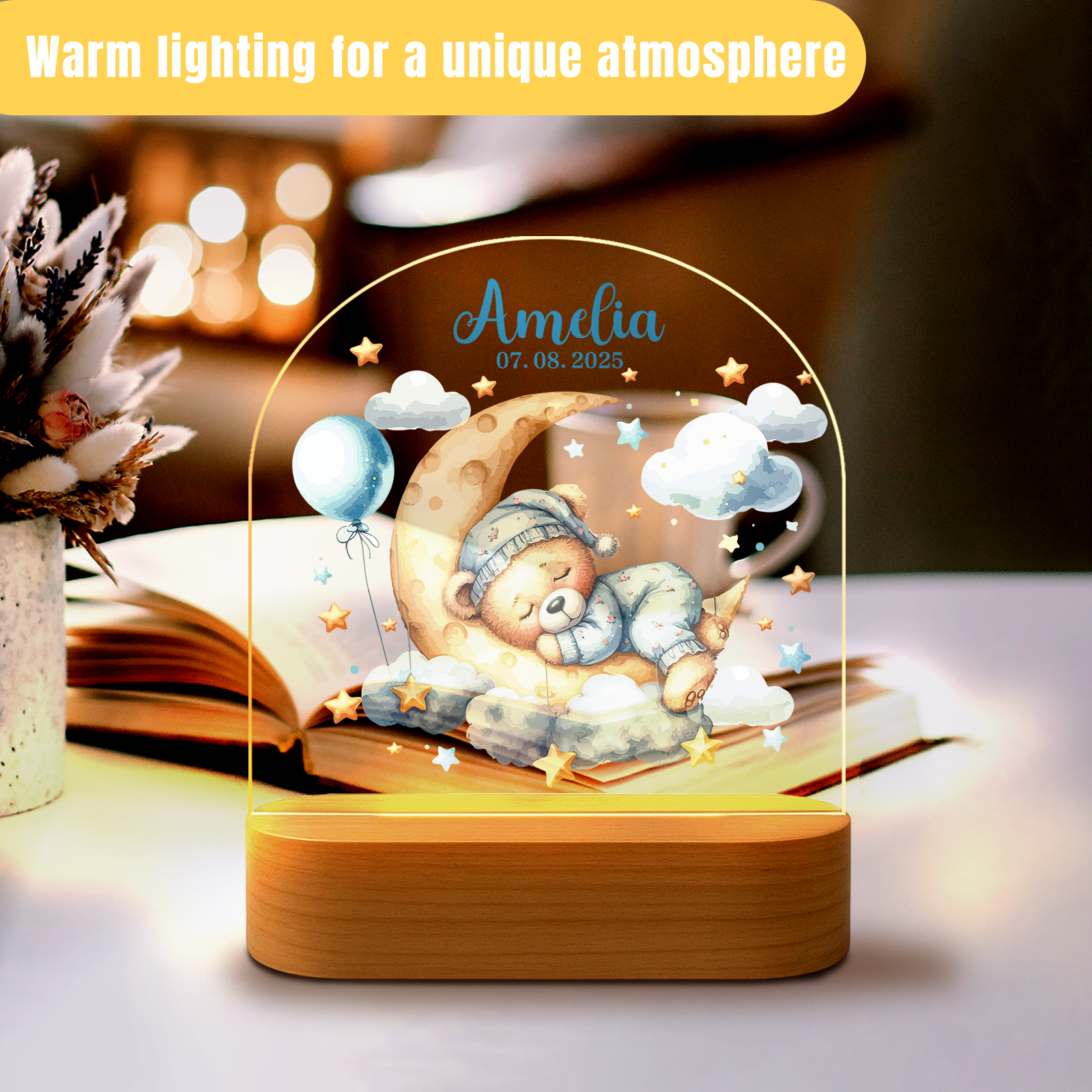 Custom Blue Bear Name Night Light – Boys Nursery Decor Lamp